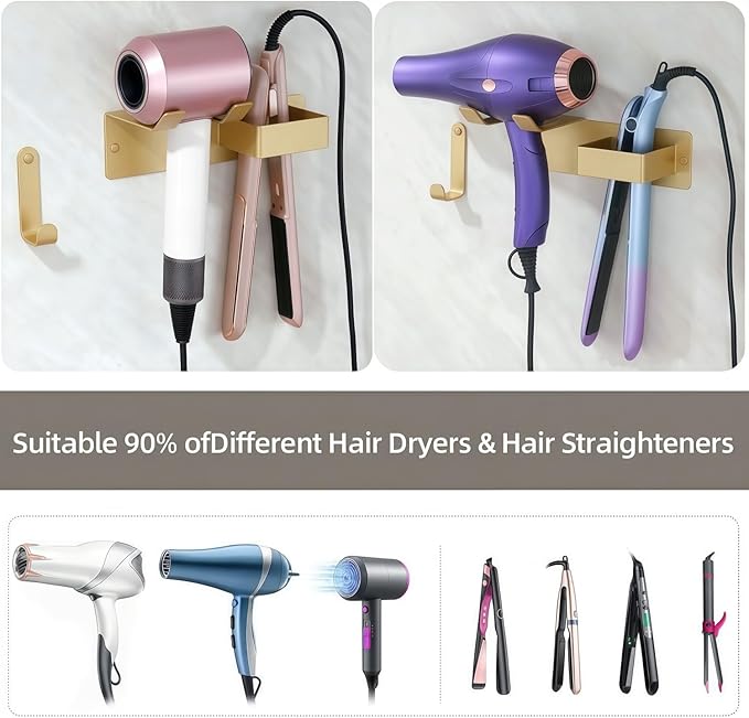 Hair Dryer and Straightener Holder, Upgraded Hair Straightener Holder with Cable Hook, Stainless Steel Universal Hairdryer Holder Wall Mounted Waterproof for Bathroom Space-Saving Gold PTALSEAW