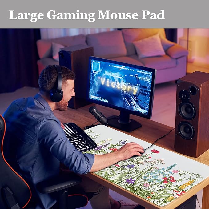 Desk Pad Botanical Floral, Desk Mat for Desktop, Sage Green Spring Flowers XXL Large Gaming Mouse Pad Non-Slip Rubber Base Stitched Edges Waterproof Keyboard mat for PC/Laptop/Computer/Work/Office