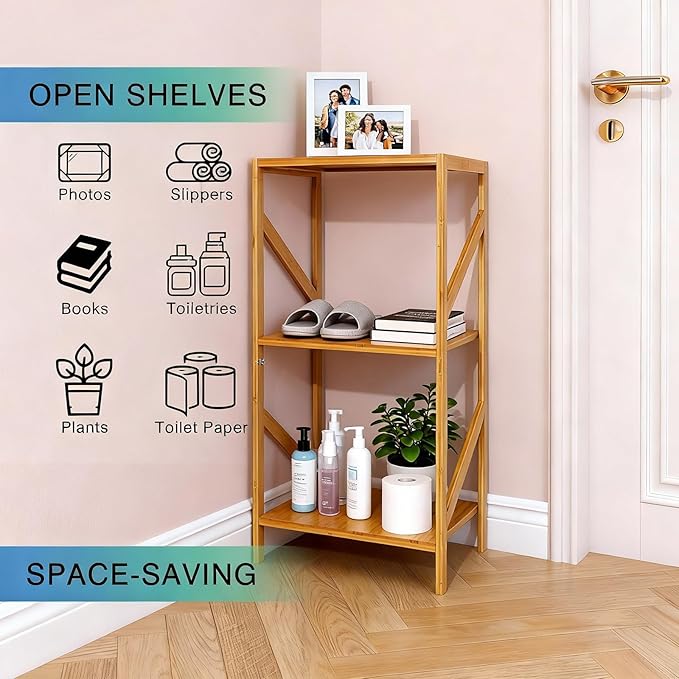 Bamboo Bookshelf, 3 Tier Rustic Style Bookcase, Multifunctional Narrow Shelving Unit Storage Rack for Living Room, Garage, Kitchen, Office, Bookroom, Bedroom, 42 x 30 x 80 cm (3 Tier)