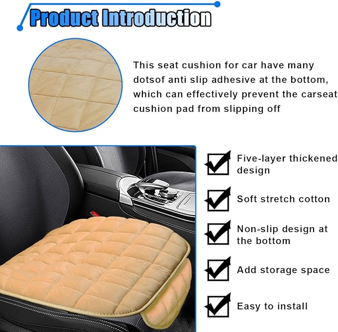 LAINLOY Car Seat Cushion, Soft Plush Vehicle Driver Seat Pad with Storage Pocket, Non-Slip Flat Rubber Bottom, Universal Seat Protector Cover for Truck, Car, SUV, Home, Office, Chair(Beige)