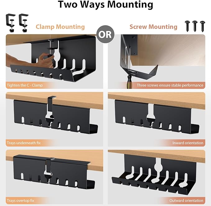 Syeeiex Under Desk Cable Management with No-Drill C-Clamp & Screw Mount, 17'' Metal Under Desk Cord Organizer, Cable Management Tray for Office/Home workspace (Black, Set of 2)