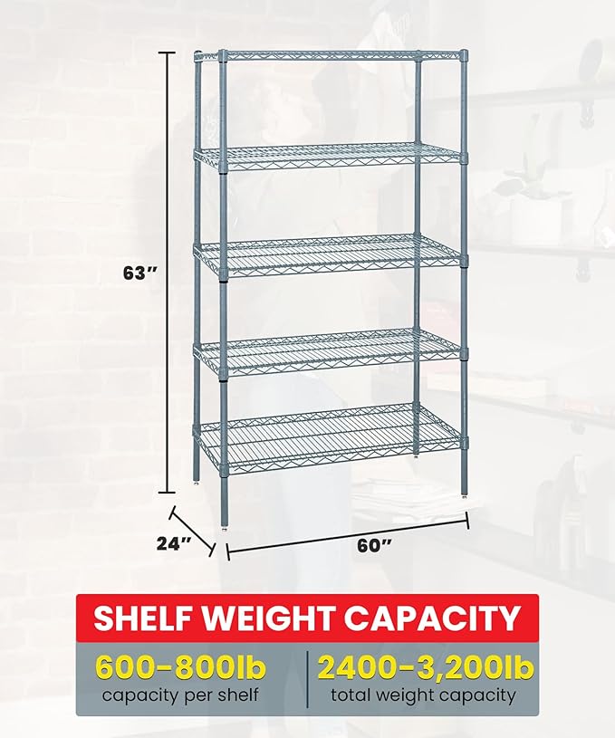 Quantum Storage Systems WR63-2460GY-5 Wire Shelving 5 Shelf Starter Units, 24" x 60" x 63", Gray Epoxy