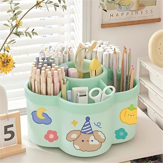 Pen Holder, 360°Rotating Pencil Pen Holder, Pen Organizer with 6 Slots,Pencil Holder for Desk, Office, School, Home Use (Green)