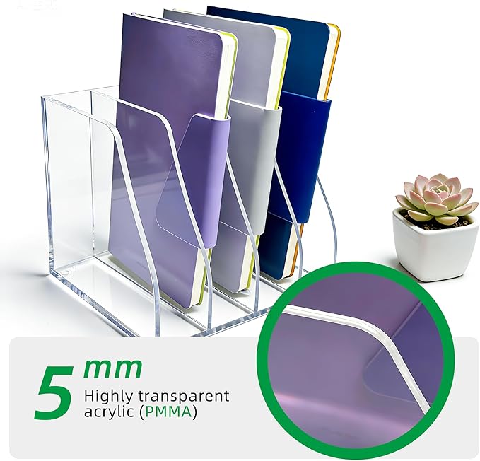 Acrylic Magazine File Holder, 4 Vertical Compartments Desk Document Sorter Organizer, Clear Folder Rack Binder for Office, Tablets, Magazines, Books – Home/Classroom Rack, 5mm Thick