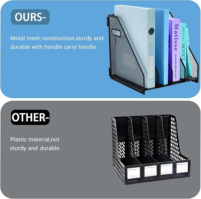 Desk Organizers Metal Magazine File Holder Racks Desktop Folder Storage Binder Organiser Document Organization for Home Office & Classroom,4 Vertical Compartments
