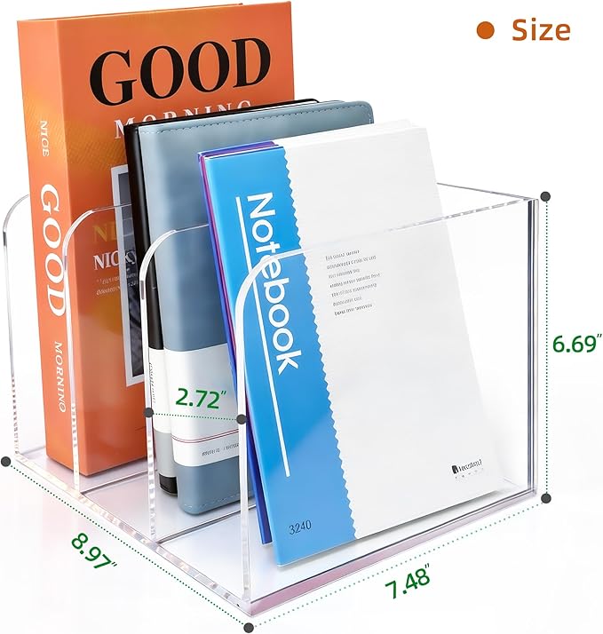3-Slot Clear Acrylic Magazine File Holder – Vertical Desk Organizer for Books, Folders & Tablets, 8.97×7.48×6.69 Inches