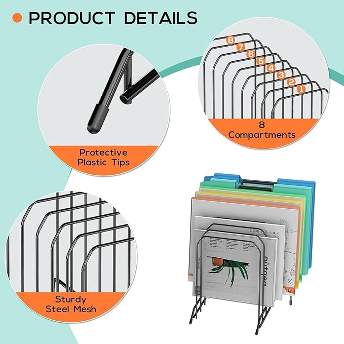 MINDEPOT Incline Sorter Desk File Organizer, Metal Desk Magazine Folder Holder with 8-Section Vertical Compartments Rack File Organizer for Office, Home, School