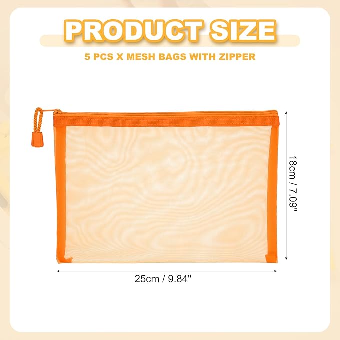 PATIKIL A5 Mesh Zipper Pouch Bags, 5 PCS Mesh Bags with Zipper Plastic Storage Pocket for Organizing File Beads Office Home Supplies, 18x25cm, Orange
