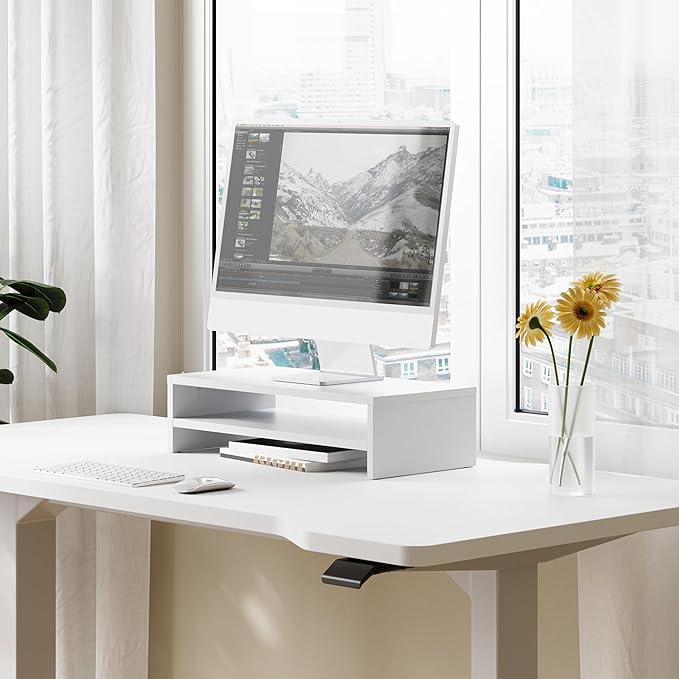 FITUEYES Monitor Stand - 2 Tier Computer Monitor Riser with 21.3 Inch Shelf, Wood Desktop Stand for Laptop Computer Screen, Desk Organization, Office Supplies