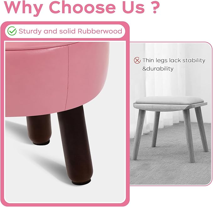 oakvivo Small Foot Stool Round Pouf Ottoman, 13'' Leather Foot Rest with Non-Skid Rubber Legs, Foolstool Ottomans for Couch, Sofa Footrest Step Stool for Living Room Bedroom Entryway Office, Pink