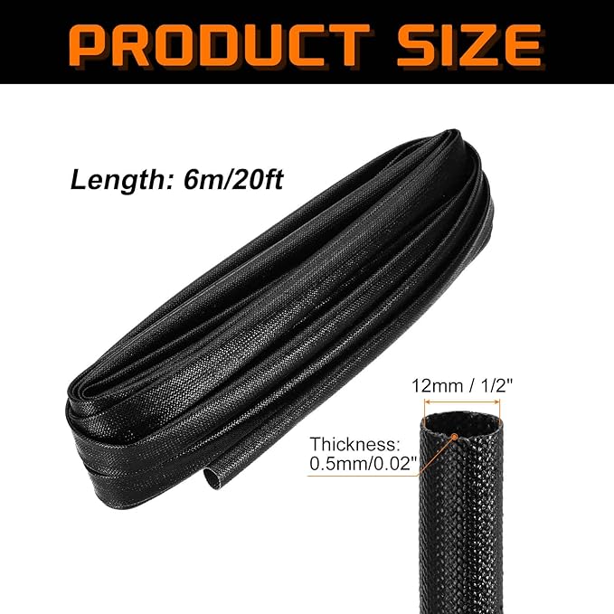 MECCANIXITY 20ft Braided Cable Sleeve, 1/2" ID 200C Heat Resistant 1500V Fiberglass Wire Insulation Cord Protector Organizer Wires Management for Motor Engine Fuel Line, Black