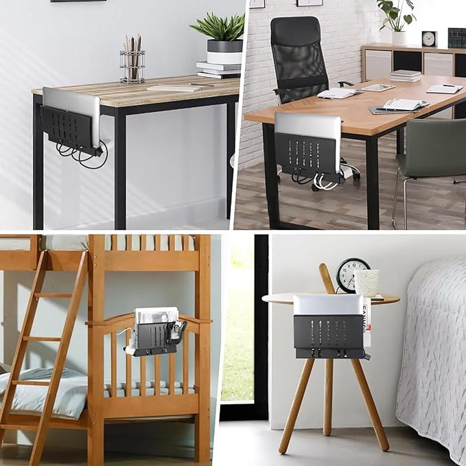 Desk Side Storage Organizer, Metal Hanging Laptop Mount with Anti-Scratch Silicone, No Drill Under Desk Cable Management Tray for Office and Home,White