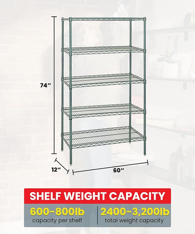 Quantum Storage Systems WR74-1260P-5 Starter Kit Wire Shelves Green Epoxy 5 Shelves 74" H x 60" W x 12" D