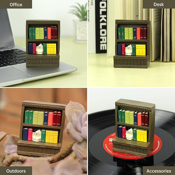 RAQWI Cute Mini Cat Bookshelf Statue, Tiny Bookcase Ornament for Living Room, Bedroom, Office Shelf Decor, Adorable Gift for Cat Moms, Readers, Miniature Collectors