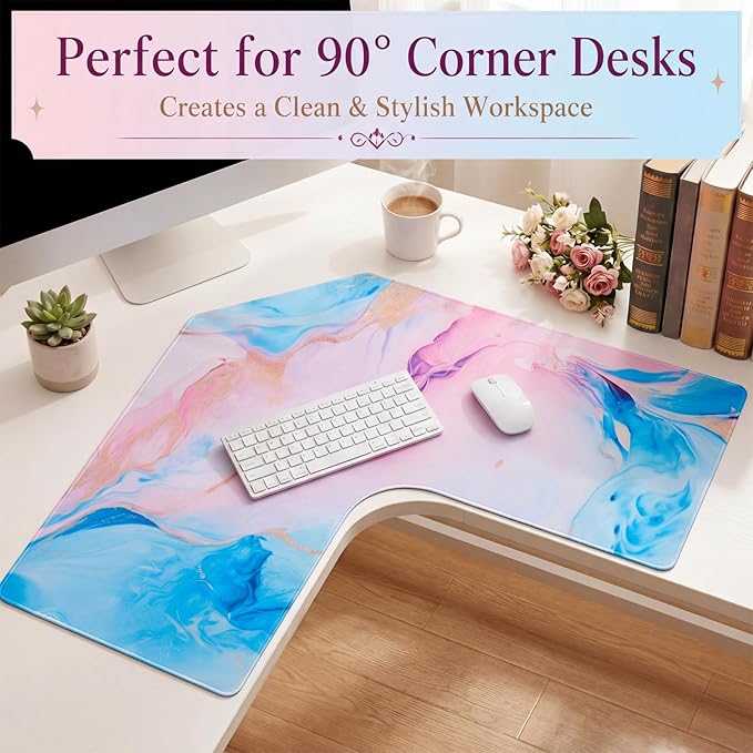 Relaxweex L Shaped Desk Mat for 90° Corner Desks, 26" x 26" Blue&Pink Waterproof Mouse Pad with 18" Inner Corner, Non-Slip Rubber Desk Protector for Office & Gaming
