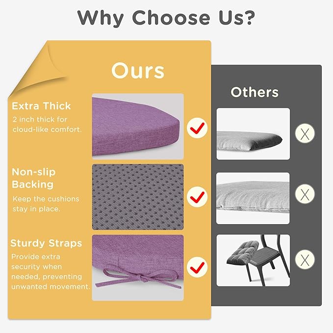 Windsor Chair Cushions for Dining Chairs 1 Pack Non Slip Kitchen Seat Cushion with Ties and Washable Covers Indoor Comfortable Seat Pad with Thick Foam 16.5" x 15.5" x 2" Purple