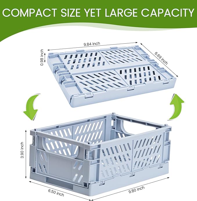 HUUSMOT 2-Pack Small Pastel Plastic Storage Baskets, Collapsible Crates for Organizing, Space-Saving Mini Bins for Classroom, Kitchen, Office, Bedroom (Blue, 9.8" x 6.5" x 3.8")