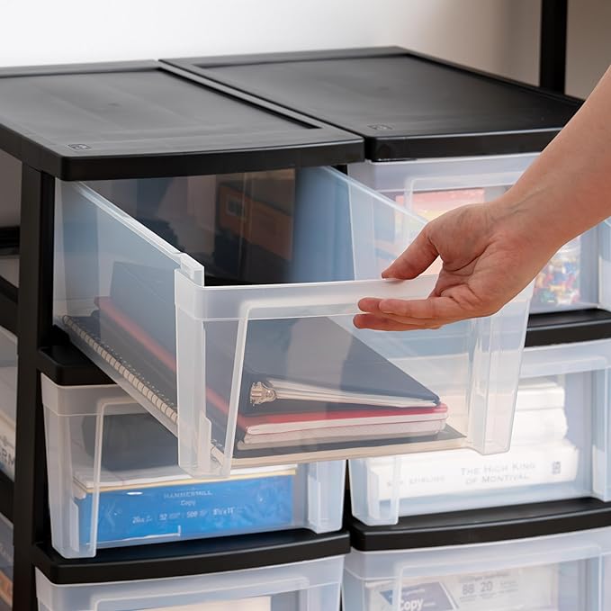 IRIS USA Plastic Drawer Storage Organizer, 3-Drawers, 2-Pack, for Classroom Art Craft Supplies, Bathroom Bedroom, Laundry Room, Black/Clear