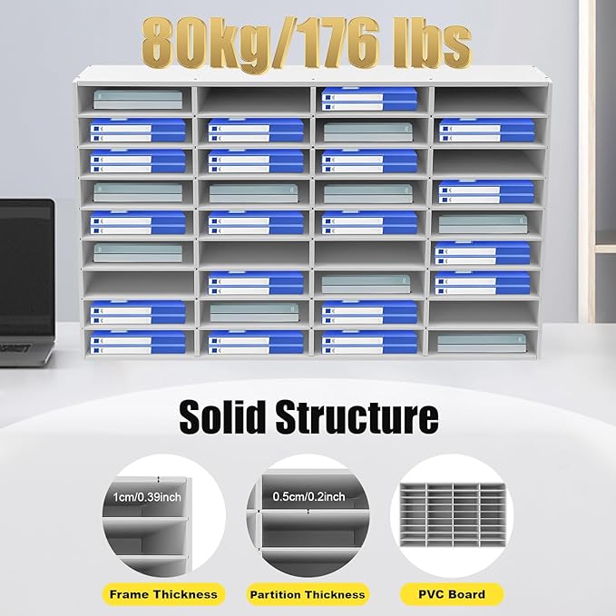 36 Slots Literature Organizer, Desktop Paper & Mail File Sorter for Classroom/Office/Home, PVC File Storage Cabinet with Adjustable Compartments, Multi-Purpose Mail Center (White-36 Compartments)