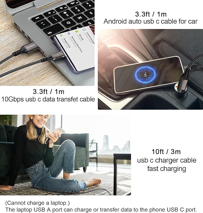 USB A to USB C Cable 3.3FT+10FT, 3.1/3.2 Gen 2 Data Transfer and 60W 3A Fast Charging Cable for Car Charger Android Auto Samsung Galaxy S23 S22 S21 S20 S10 Ultra and Other Type C Devices