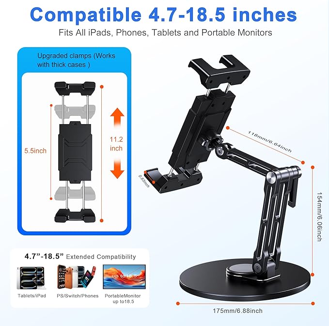 CreaDream iPad Stand for Desk, Portable Monitor Stand with Large Clamp up to 18.5", Tablet Stand Arm Holder with Heavy Duty 360° Rotating Base for 4.7"-13" Tablets, iPad Pro/Air/Mini