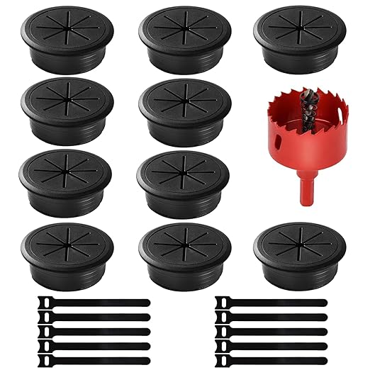 Desk Grommet 2 Inch (50mm) 10-Pack - Black Cable Grommet with Hole Saw & 10 Zip Ties - Desk Hole Cover for Wires, Cable Pass-Through for Office, TV Stand, Workstation - ABS Plastic