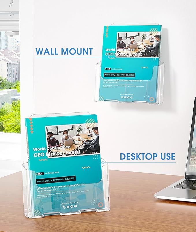 KTRIO Acrylic Brochure Holder 8.5 x 11 Clear Literature Display Stand, Plastic Flyer Holder for Trifold Brochures, Menus, Magazines, Pamphlets, Documents, Desk or Wall Mount, 4 Pack