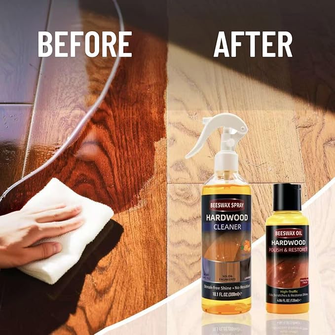 Furniture Polish Kit: Wood Cleaner Spray & Nourishing Care Oil – For Floors, Kitchen Tables, Desks & All Home Wood Furniture (300ml+120g)