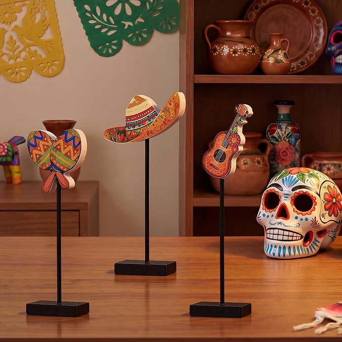 Smile Cinco De Mayo Tabletop Standing Wooden Decor Mexican Fiesta Figures (Sombrero, Guitar, Maraca) with Wooden Base & Sticks for Tiered Tray & Party Display