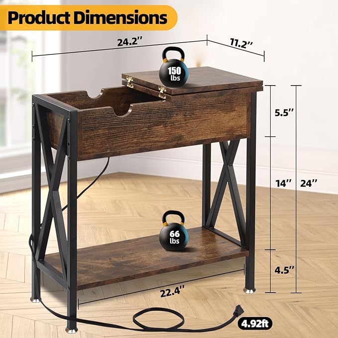 TooCust End Tables Living Room Set of 2, Narrow Side Table with Charging Station, 12" D x 24" W x 24" H, Flip Top End Table with USB Ports and Outlets, Couch End Tables Set of 2, Steel X-Shaped Frame