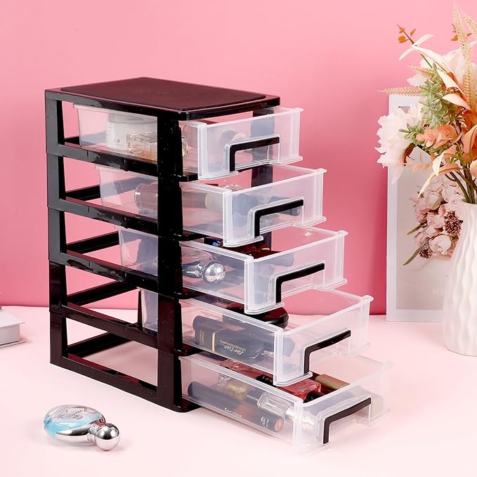 DOITOOL 5 Tier Plastic Drawer Type Closet, 12.36"H x 6"L x 8.3" W Home Office Storage Organizer, Makeup Organizer Station Cube, Cosmetics Jewelry Box for Bathroom, Dorm, Desk, Countertop, Office