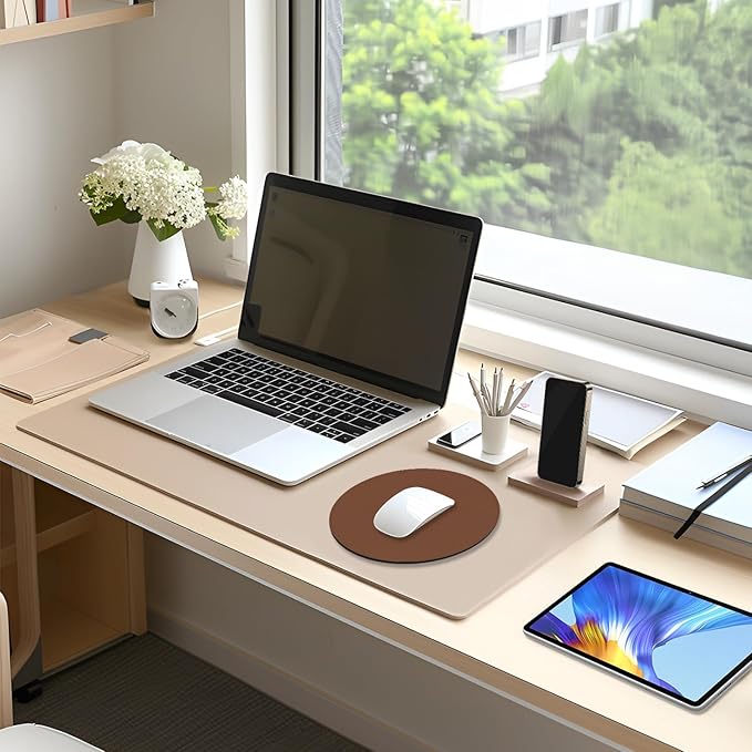 Leather Mouse Pad, Office Mouse Mat Non-Slip Rubber Base Stitched Edge Washable Waterproof Round Mousepad for Office Gaming PC Laptop, Round Diameter 8.7 inches, Bright Brown
