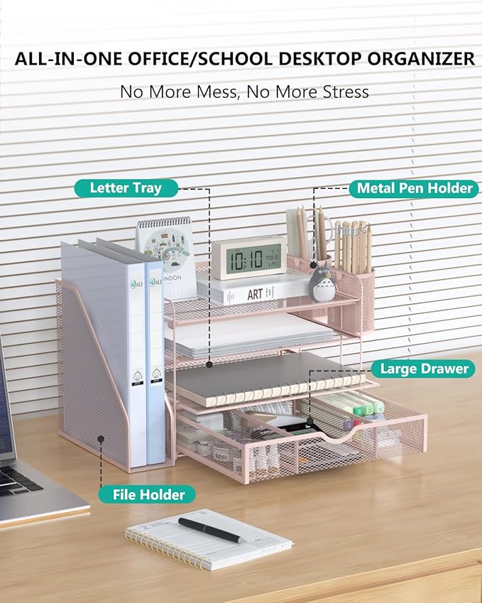 WALI Desk File Organizer, 4 Tier Desktop Paper Letter Tray Organizer with Drawer and 2 Pen Holders, Office Desk Accessories & Workspace Organizers for Office, Home Supplies(DO005DH-P), 1 Pack, Pink