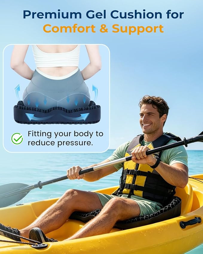 Premium Gel Kayak Seat Cushion, Thickened Non-Slip Waterproof Seat Pad, Breathable Universal Fit for Canoe Fishing Boat, Portable Washable Kayak Accessories, with Safety Travel Flag - Blue