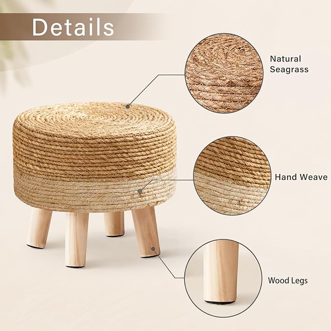 Wimarsbon Round Foot Stool Natural Seagrass Poufs Ottoman Hand Weave Footrest Stool for Couch Desk Extra Seat Step Stool with Solid Wood Legs for Hallway Patio Lounge White