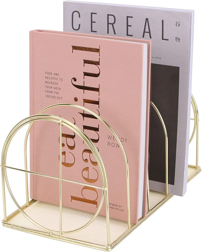 File Sorter Organizer, 5 Section Magazine Holder Rack, Desktop Round Wire Book Stand for Mail, Paper, Document, Folder, Record and Desk Accessories, Gold