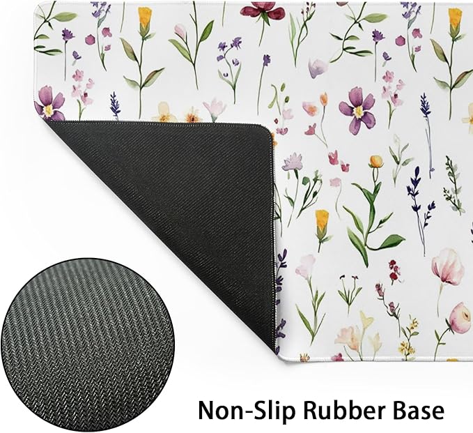 Spring Summer Wildflower Desk Pad Mouse Pad XXL 35.4”x15.7” Large Extended Gaming Mouse Pad with Stitched Edges Non-Slip Rubber Base Mousepad Floral Desk Accessories for Home Laptop Office Work Game