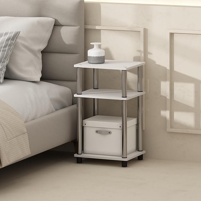 Furinno Just 3-Tier Turn-N-Tube Open Storage Nightstand, 2-Pack, Plastic Poles, White Oak/Stainless Steel