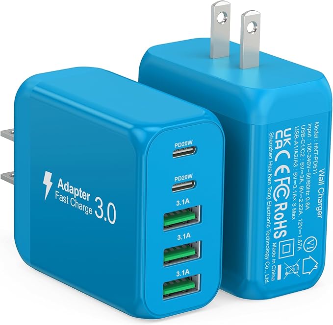 2-Pack USB C Wall Charger Block,50W 5-Port C Charger Fast Charging Block PD Power Adapter +QC 3.0 Multiport Type C Box Charger Cube USB A Wall Plug for iPhone 14/15/16/17 Pro Max,Samsung Galax