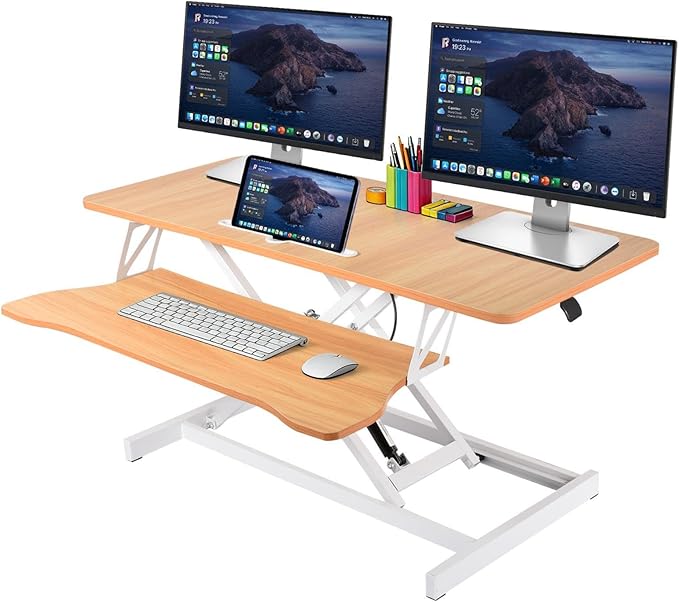 37" Height Adjustable Standing Desk Converter, Two Monitor Stable Stand up Desk Converter, 5.9"-18.8" Height Adjustable Laptop Workstation with Keyboard Tray, Desktop Riser for Home and Company