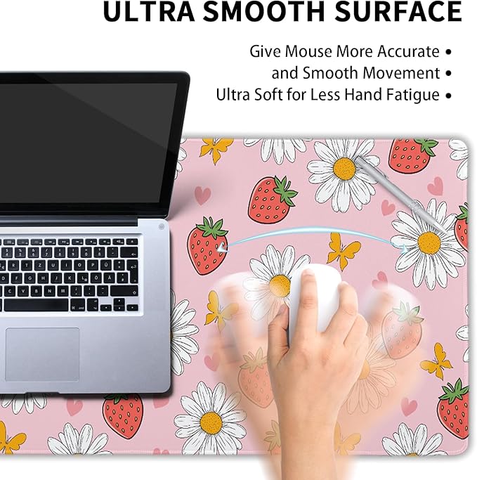 Strawberry Mouse Pad Pink Cute Desk Mat Large Gaming Mousepad Pink Keyboard Pad 31.5x11.8in Non-Slip Rubber Base Pastel Kawaii Mousepad Laptop for Office Gaming Computer Home Accessories Supplies