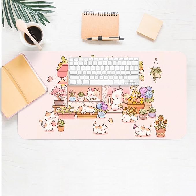 Cute Cat Desk Mat, Kawaii Pink Flower Shop Large Mouse Pad for Desktop, PU Leather Waterproof Desk Pad, Anti-Slip Computer PC Laptop Protector Gaming Mouse Pads for Office Home Decorations