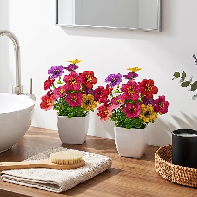 Artificial Flowers in Pots, Small Plant Decor, Fake Potted Flowers Indoor, Mini Artificial Plants & Fake Flowers with Pot for Home Office Kitchen
