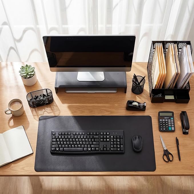 Glenmal 12 Pcs 12-in-1 Office Desk Organizer Accessories Set with Desk Pad Protector Computer Riser File Organizer Pen Holder Calculator Scissors Stapler Staples Folder Set Pens Tape Cutter