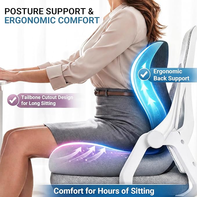 Ergonomic Seat Cushion Set with Lumbar Support Pillow, High-Density Memory Foam Cushion with Non-Slip Base, Posture Support Cushion for Office Chair, Home Chair, Car Seat, Dark Gray