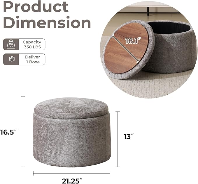 Modern Round Storage Ottoman, Chenille Ottoman Foot Stools, Ottoman Footstool with Removable Lid, Storage Ottoman for Living Room, Multi-Functional Footrest, Dark Grey