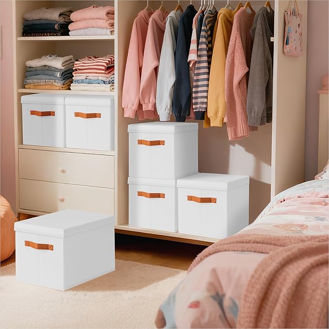 Homsorout Storage Bins with Lids - Large Fabric Closet Bins with Lid, 5 Pack Clothes Organizers and Storage, Collapsible Stackable Cube Basket for Home, Office, Dorm, White