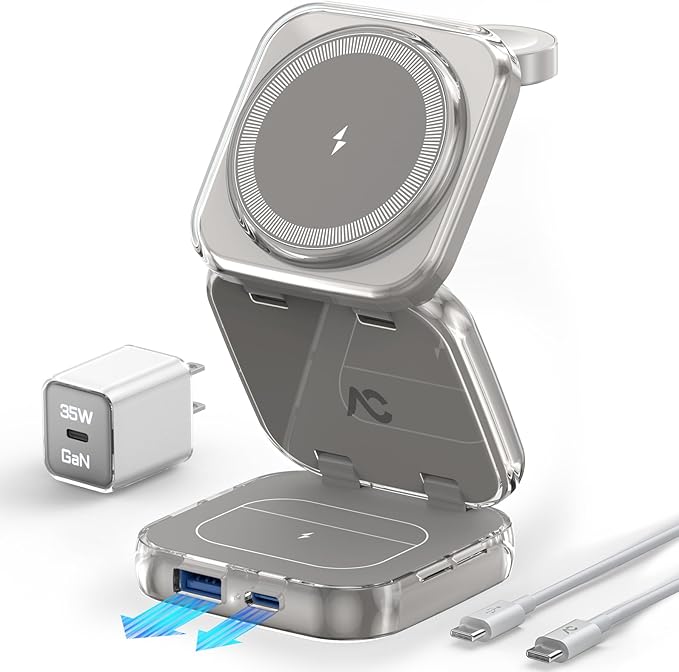 5-in-1 Wireless Charger for MagSafe, AC ISLAND Portable Travel Charging Station, 35W Max Qi2 Fast Foldable Magnetic Stand, Evolved for iPhone 17-1 Series, Apple Watch, AirPods (with 35W Adapter)