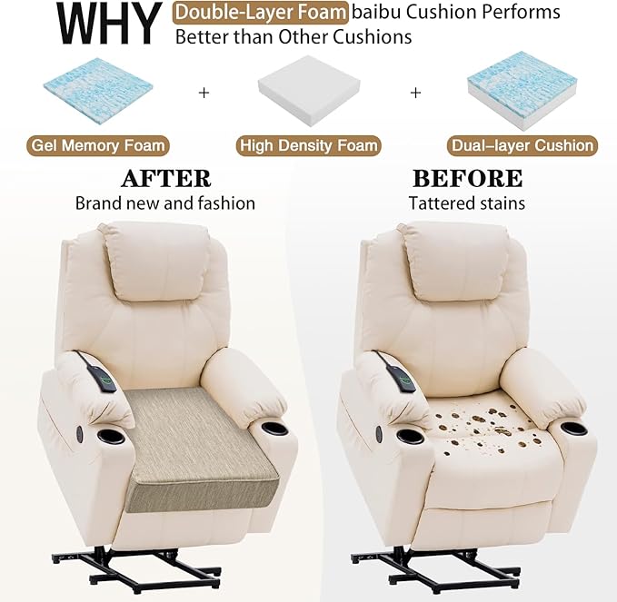 baibu 20x20x5 Inch Square Gel Memory Foam Recliner Cushions for Elderly, Dual-Layer Non-Slip Recliner Seat Cushion Suitable for Couch for Easy to Stand Up & Reduce Hip & Lumbar Pain, Beige