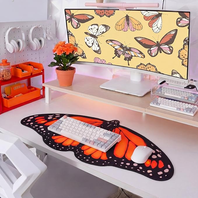 Tellegloww Large Monarch Butterfly Gaming Mouse Pad Desk Mat Decorative Butterfly Keyboard Desk Mat with Non-Slip Base Table Accessories for Office Home Study 35.43 x 15.75 Inches